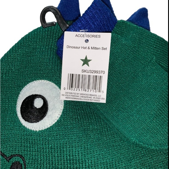 Toddler Boys Knit Hat & Mitten Set Dinosaur Green Blue Preschool (K238) - Picture 4 of 5